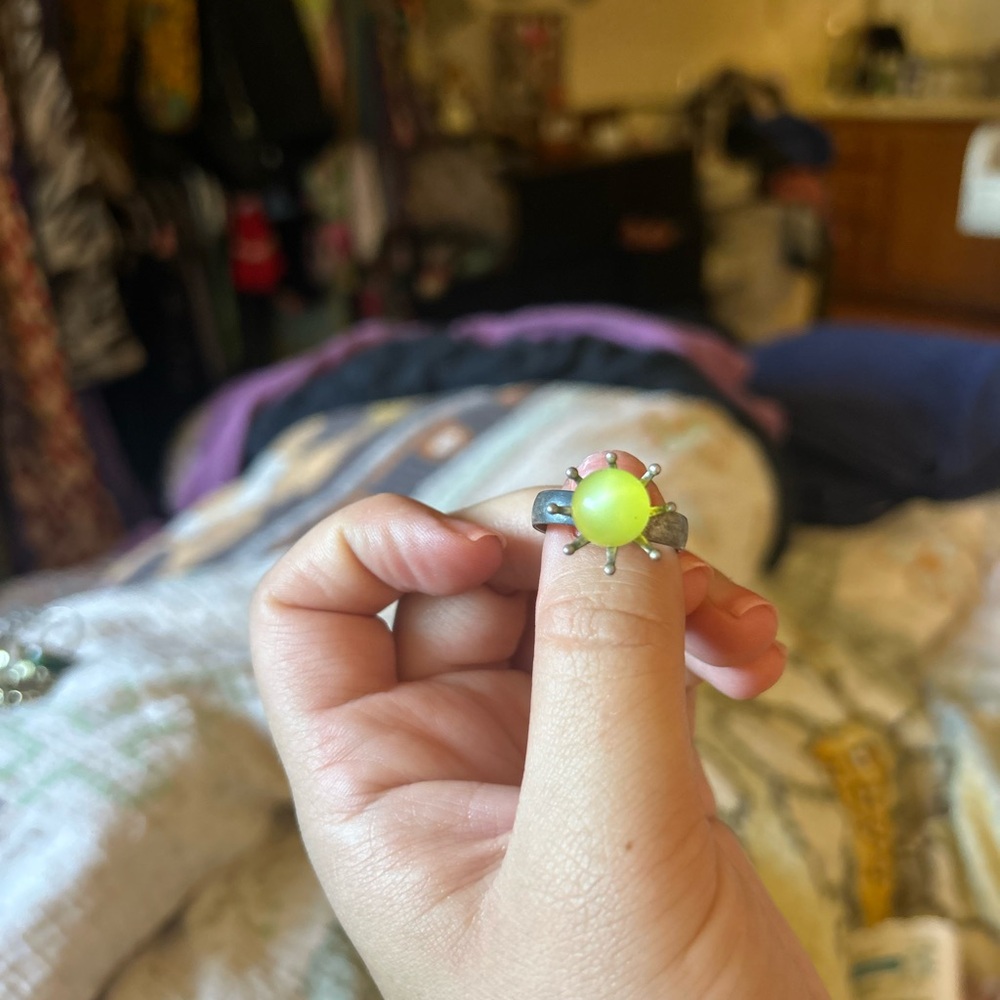 Elegant Adjustable Silver Ring with Neon Green Stone